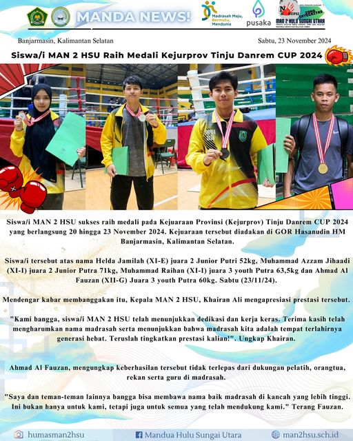 Siswa/i MAN 2 HSU Raih Medali Kejurprov Tinju Danrem CUP 2024